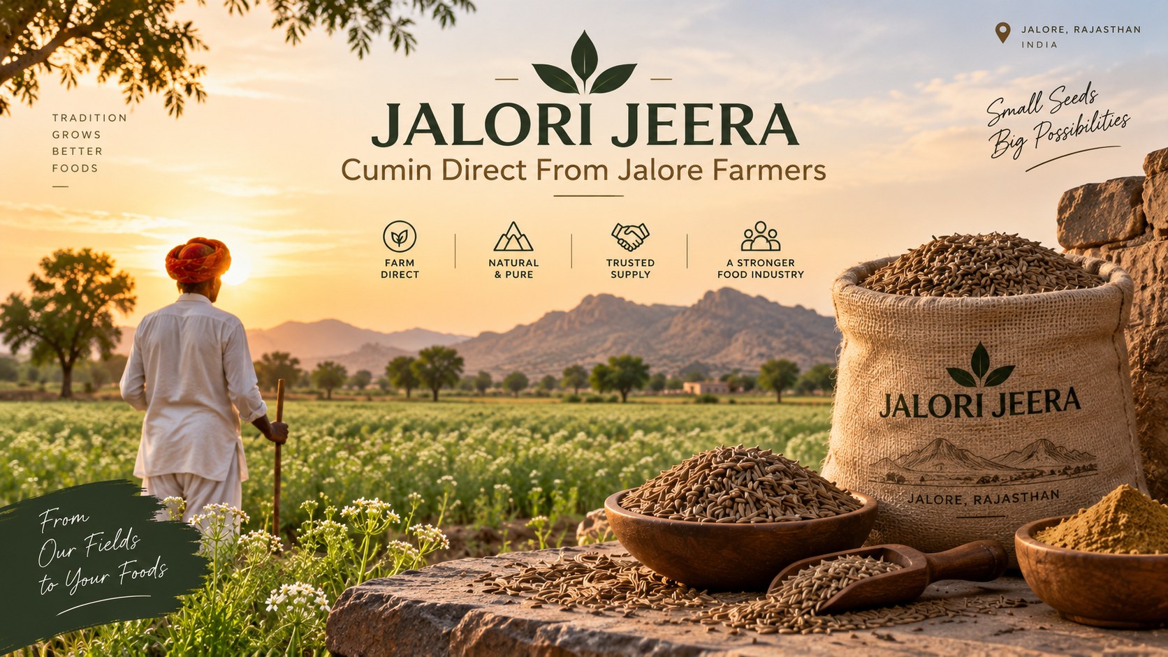 JALORI JEERA — cumin farmer in a Jalore field with a branded sack of cumin seeds at sunset